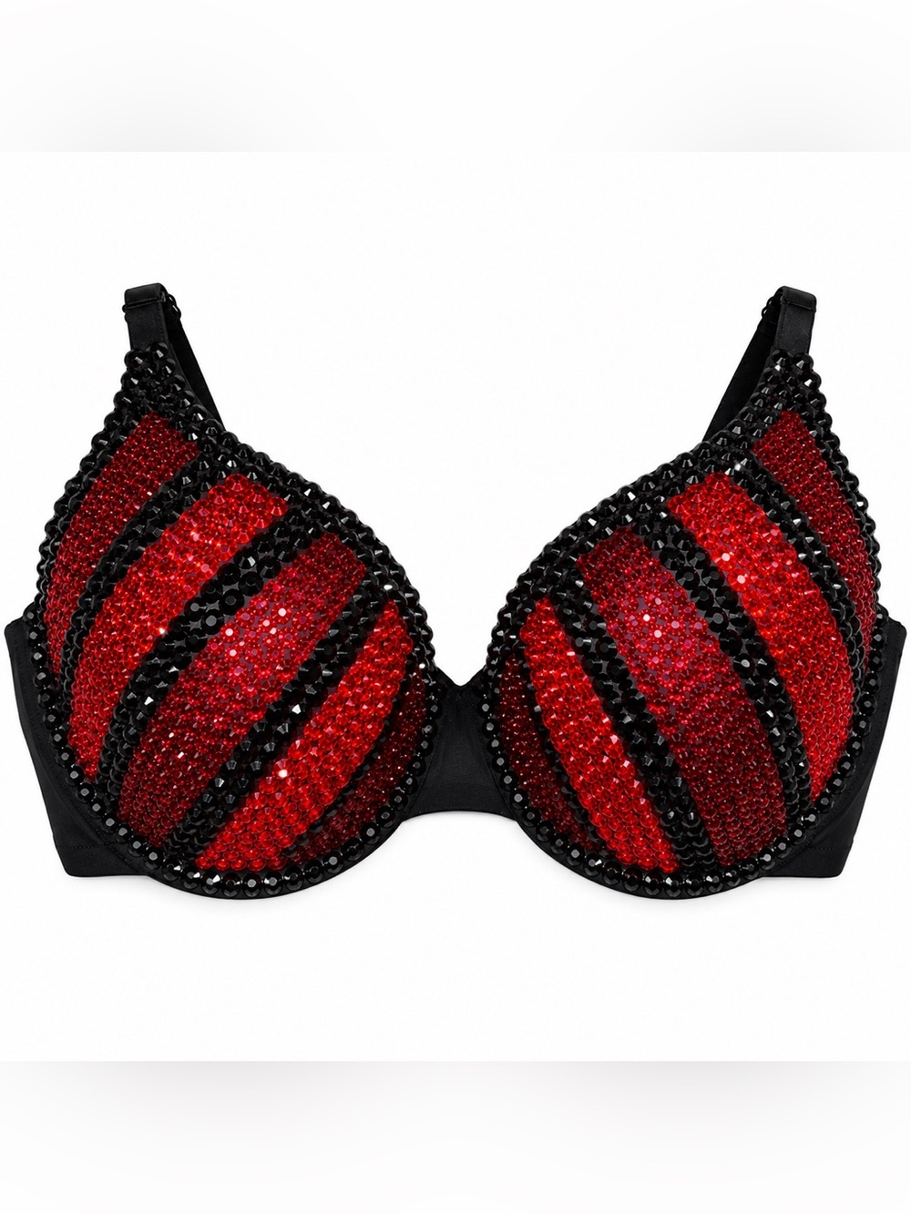 38D Siam Red Garnet Red & Black PinStripe Design Rhinestone Crystal Glam Bra